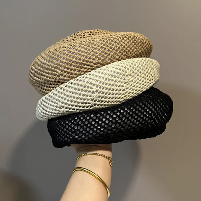 Hollow knitted breathable beret summer hat for women fashion simple casual painter hat travel versatile pumpkin cap mushroom hat 250320