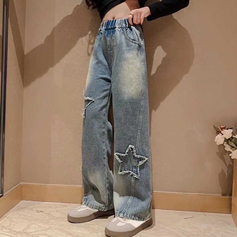 IENENS High Waist Jeans Girls Straight Loose Wide Leg Pants Spring/Summer Korean Pocket Jeans Fashion Childrens Jeans TrouserT2502320
