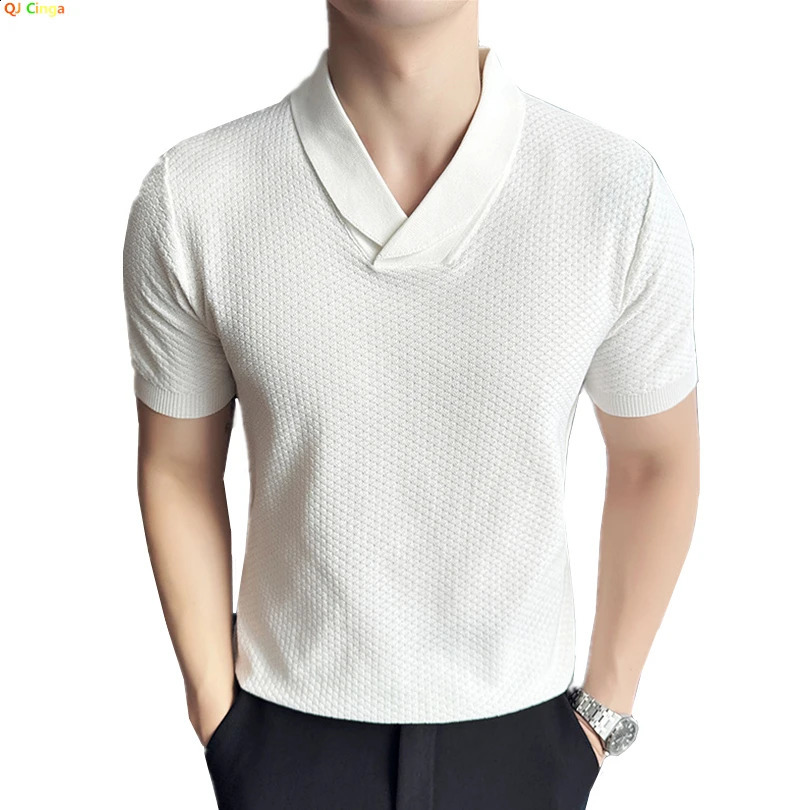 Cuban Collar Knitted Fabric POLO Shirt Mens Summer Short-sleeved Pullover T-shirt Shirt White Green Black Men Top M L XL XXXL 250317