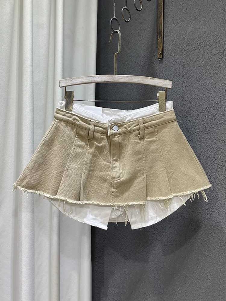 DEAT Trend Contrast Color Patchwork Denim Leather Womens Bottom Burr High Waist Loose Packaging Hip Skiing Fe 2025 Spring New 11XX1592XJ250320
