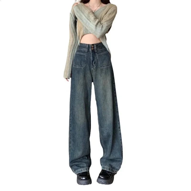 Autumn Plus Size Straight-Leg Jeans High-Waisted Draped Loose-Fit Bell Bottoms Casual Style For Plump Women 250319