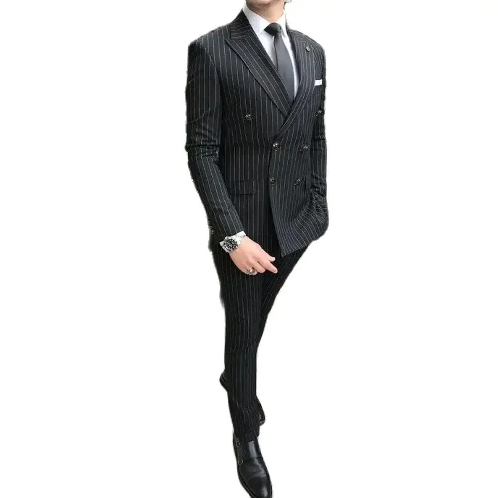 High end black striped mens elegant party wedding 2piece fashion intelligent casual formal slim fit Pioneerpants 250311