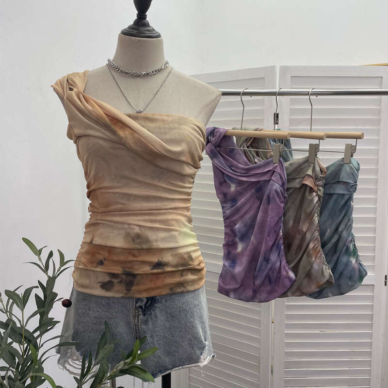 Oversized T Shirt Designer Top T Shirt Top Clothes Woman Clothes Mesh Printed Diagonal Shoulder Tank with Slim Fit and Pleated Temperament Short Top 8
