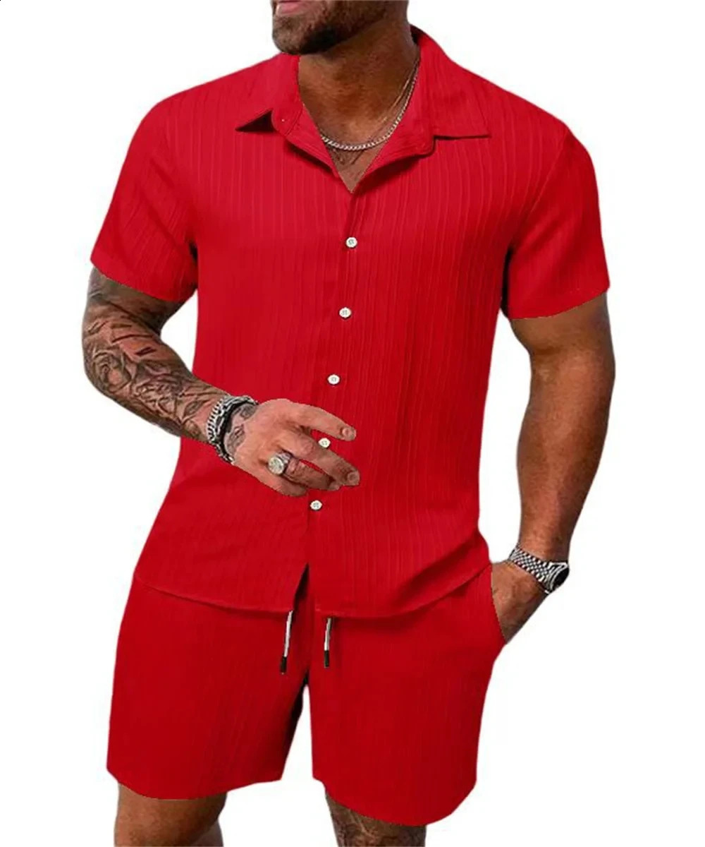 Mens solid color loose short sleeved sportswear striped fitness and leisure top beach shorts mens summer fashion trend 250319