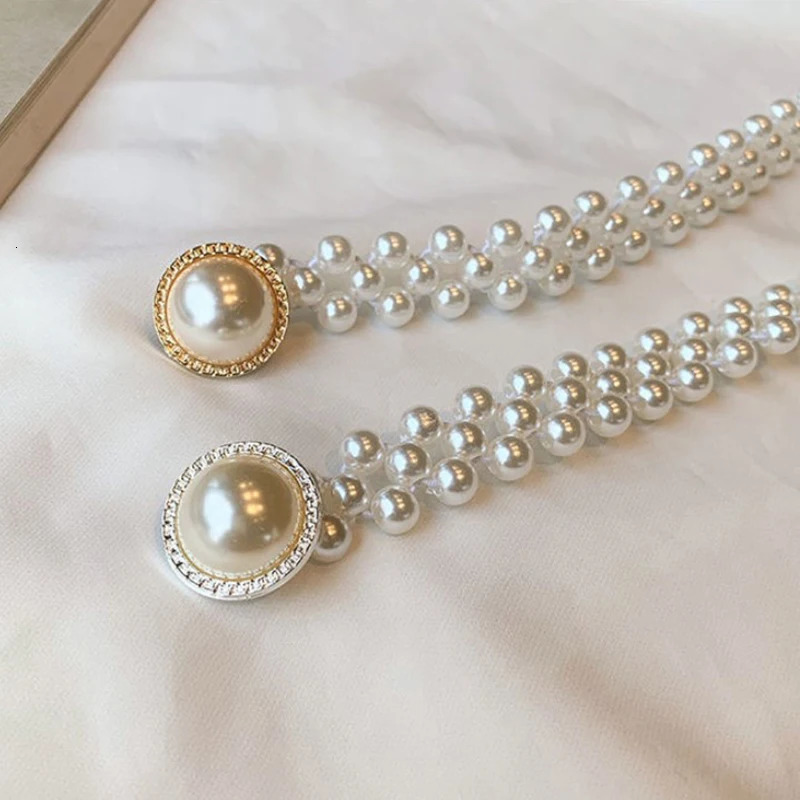 Large Pearl Waist Chain Womens Elastic Belt with Diamond Decoration All-match Skirt Fashion Casual Girdle Gothic 250320