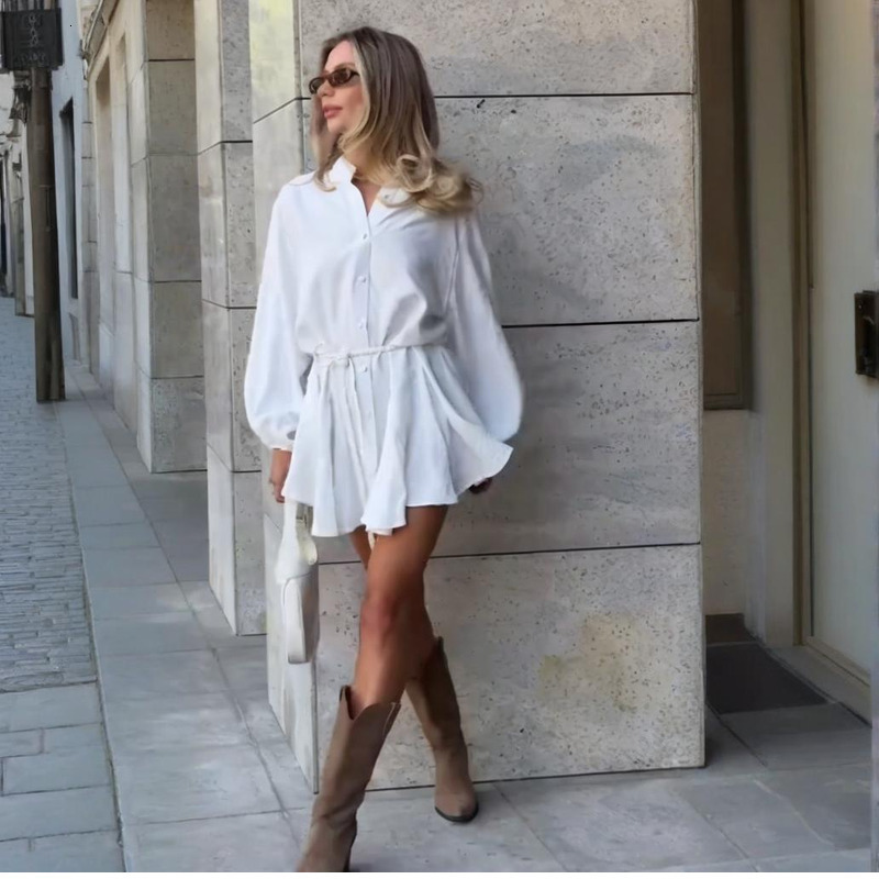 2025 summer new lapel button solid color long sleeved women's sexy slim fit dress