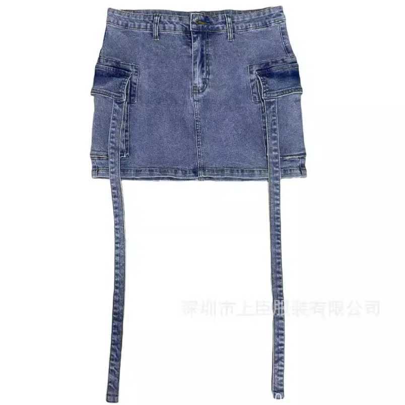 Womens tight fitting casual jeans Ele patchwork denim high waist hip bag A-line pocket summerXJ250320