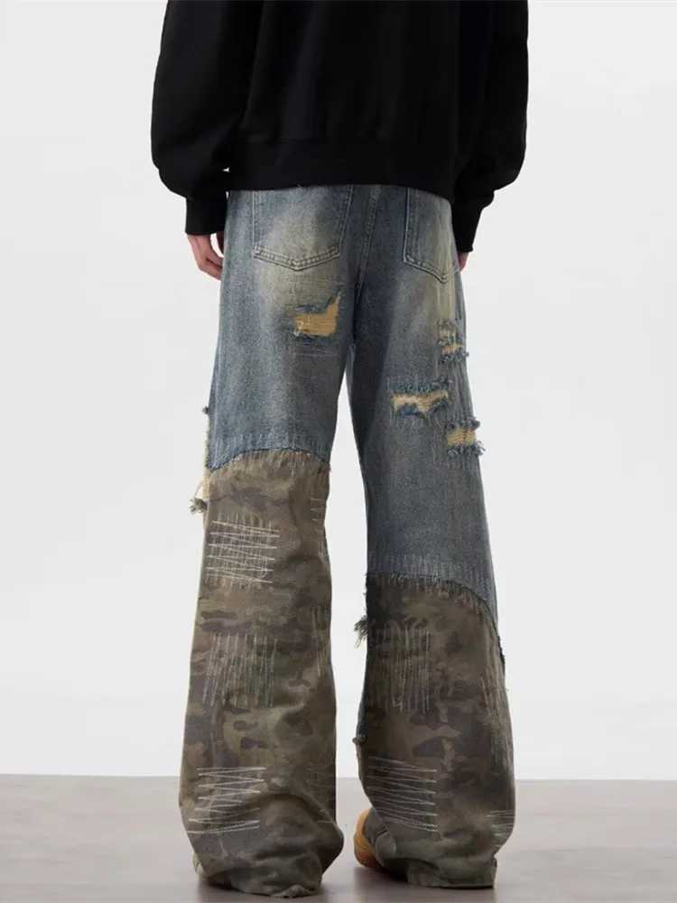2024 Garbage Y2K Street Clothing Tear Stacked Bag Jeans Mens Clothing Camouflage Patch New Rock Hip Hop Cowboy Trojan HorseT250319