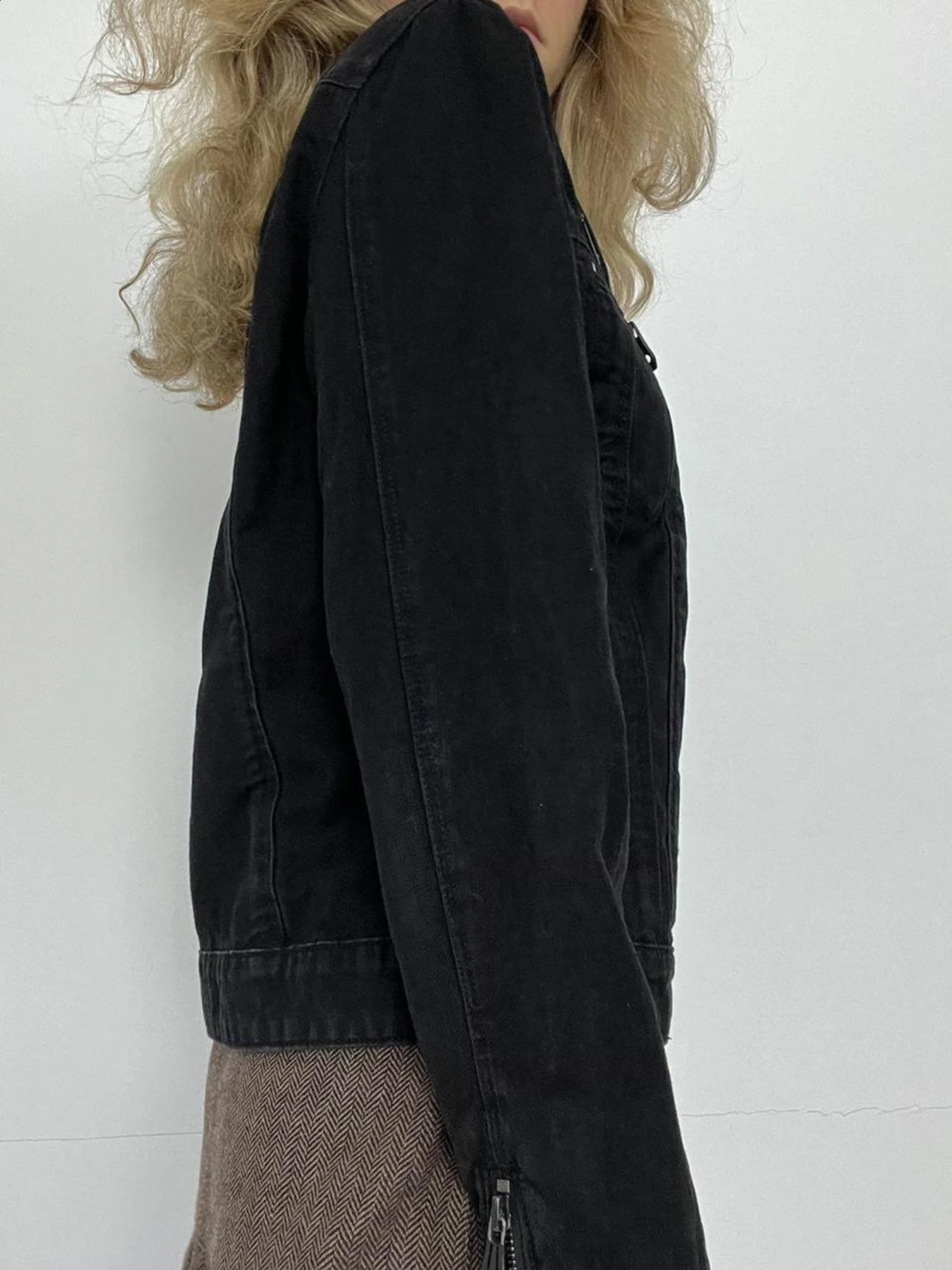 Rockmore Streetwear Double Zipper Denim Jacket Solid Retro Long Sleeve Harajuku Product Style Womens 250319