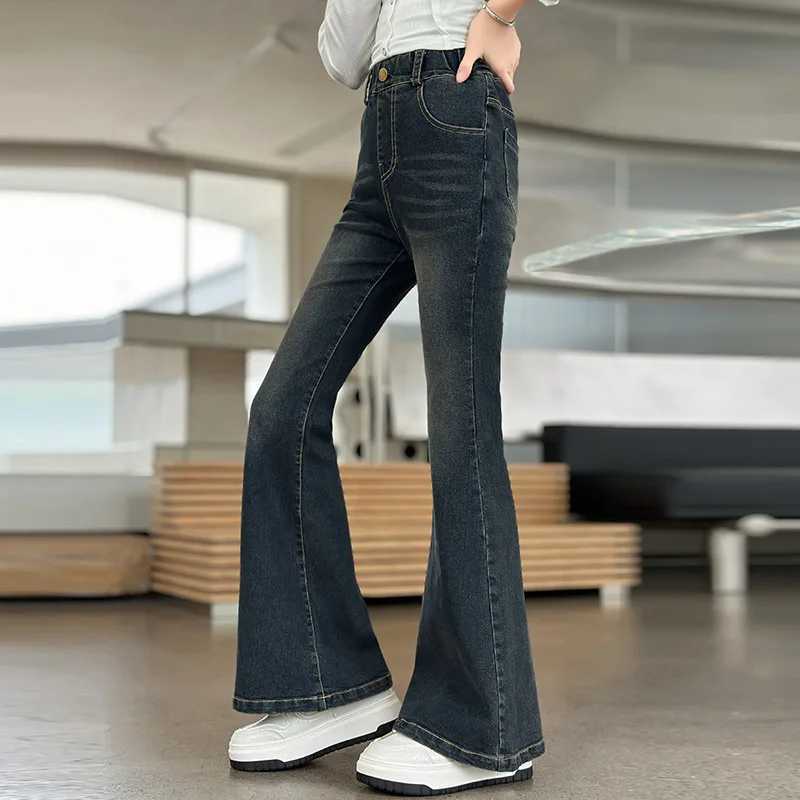 New Trend Childrens High Waist Flared Jeans Girls Black and Blue Boots Tailored Jeans Girls Denim Pants Baby JeansT250326