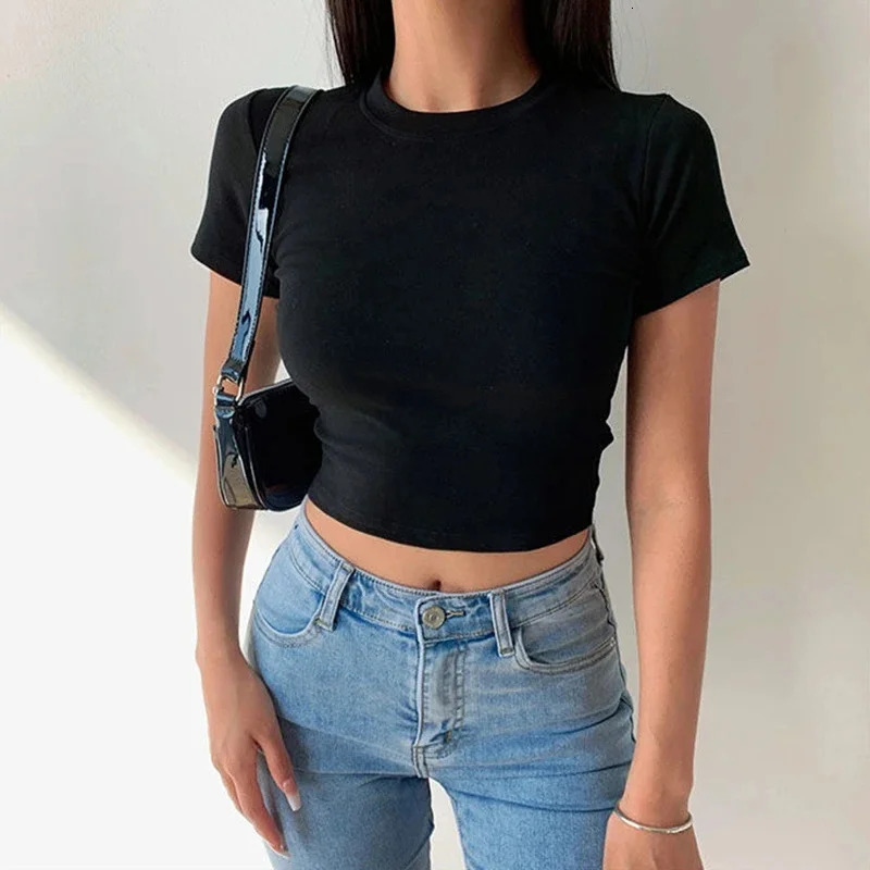 Short Sleeve T-Shirt Women Solid Simple Casual Soft All-Match Basic Crop Tops Tees Summer Fashion Skinny Tops Black White 250320