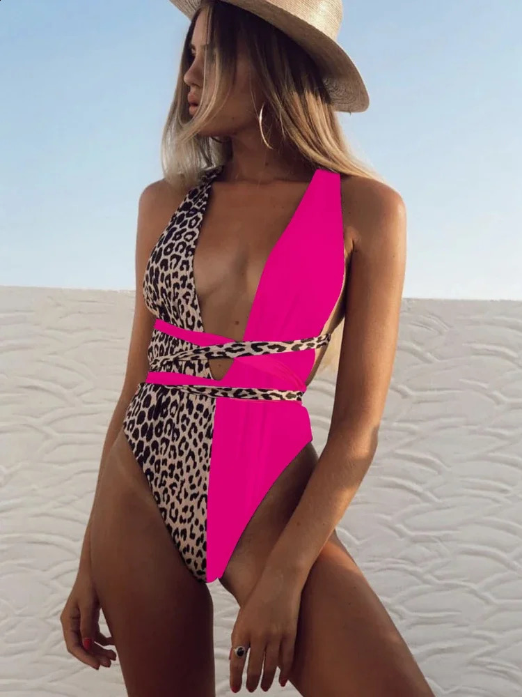 Leopard Print One Piece Swimsuit Women Hollow Out Swimwear Thong Monokini Summer Beachwear Vacation Bathing Suit Mujer 250319