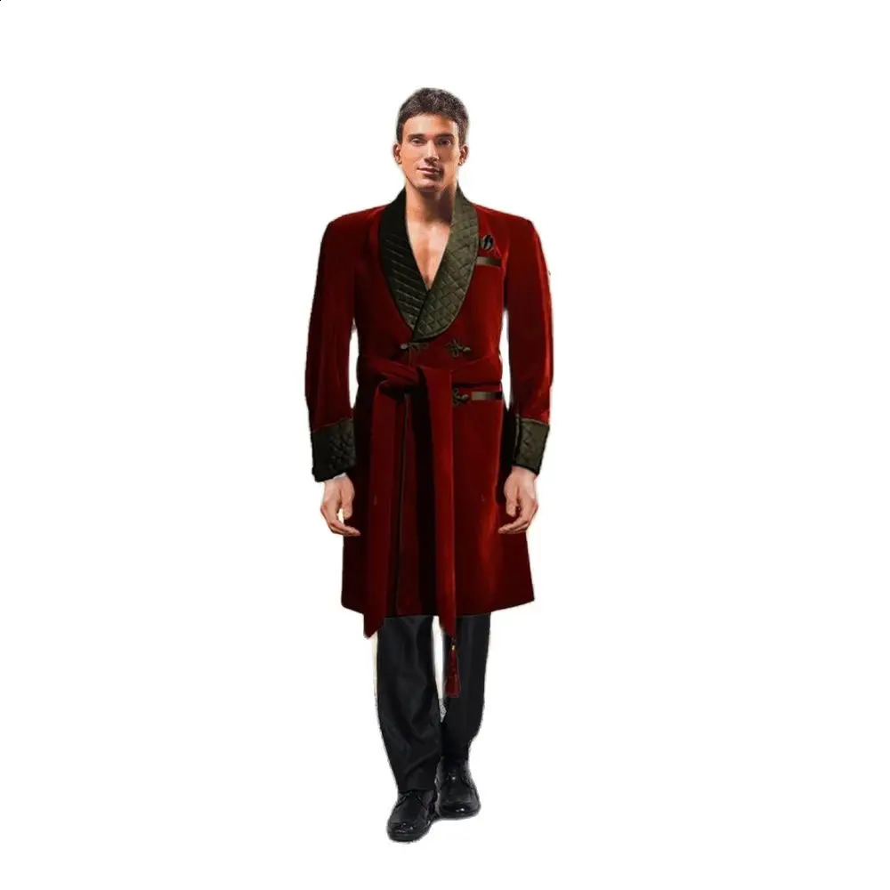 Elegant Mens Suits Black Shawl Lapel Belt Blazer Burgundy Velvet Long Jacket 1 Piece Daily Casual Smoking Male Clothing 250311
