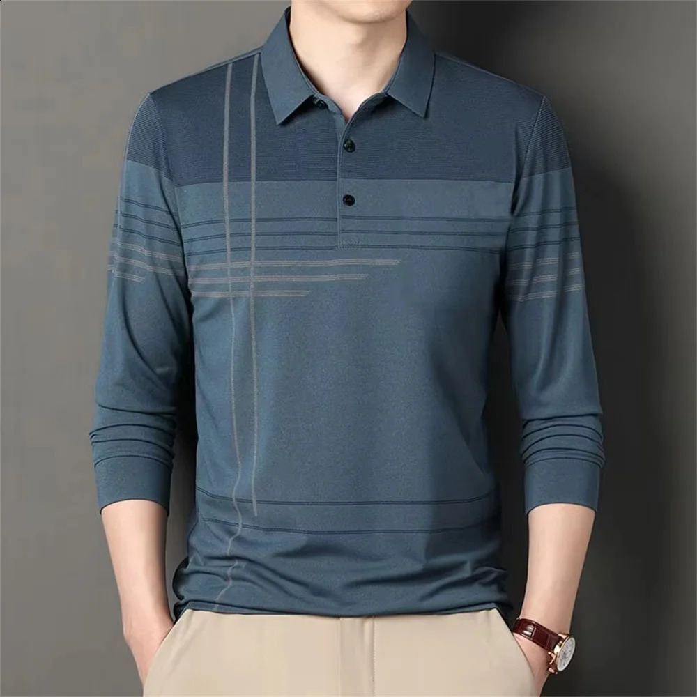 Mens Business Casual Long Sleeved Shirt Solid Color Polo Shirt Fashionable Breathable Comfortable Versatile Top 250319