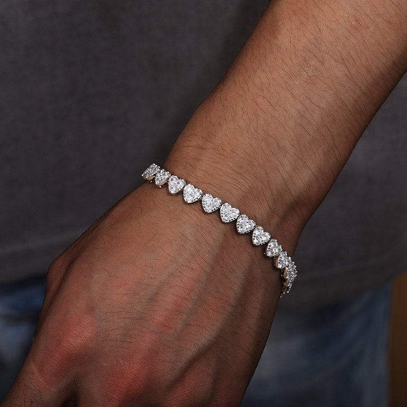 Unisex 3mm-5mm Heart 3 Row Tennis Moissanite Bracelet 925 Silver For Women Men Hip Hop Jewelry