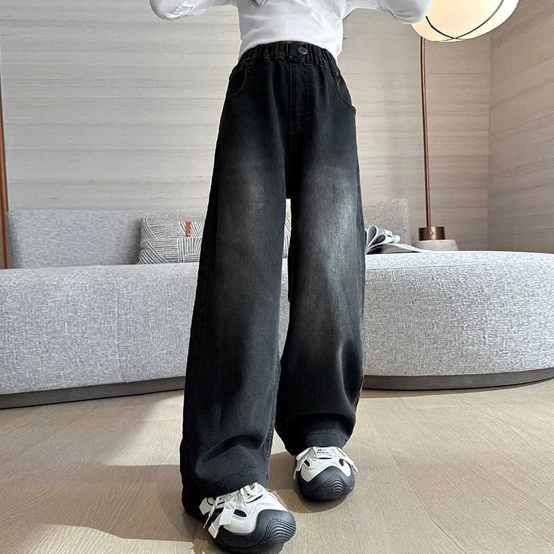 2024 New High Quality Girls Jeans Retro Denim Wide Leg Pants Childrens Clothing Casual Solid Youth ClothingT250326