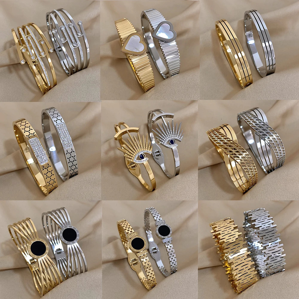 Lifefontier Stainless Steel Heart Bangles Bracelets For Women Trend Geometric Rhinestone Waterproof Earring Jewelry 250320