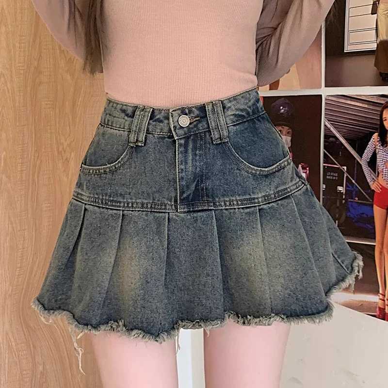 Summer womens Y2k high waisted mini skiing girl Korean A-line denim pleated dress Fe fashion punk blue Harajuku jeans skiingXJ250320