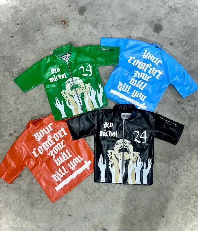 Y2K Harajuku Personalized leather pattern n zipper short sleeve Tshirt for women Summer lapel aesthetic Hip Hop 2024 250311