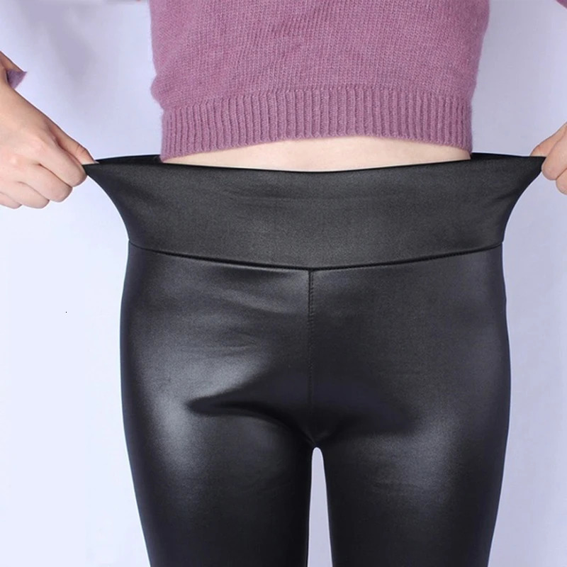 Women High Elastic Stretch Pencil Pants Autumn Winter Plush PU Leather Pants Female Sexy Waterproof Skinny Tight Trouser 250320