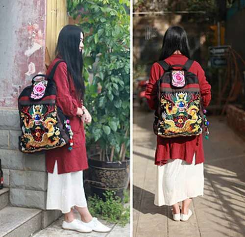 Top Women's Fashion Large Bags Black Canvas Embroidered Ethnic Bag School Backpack