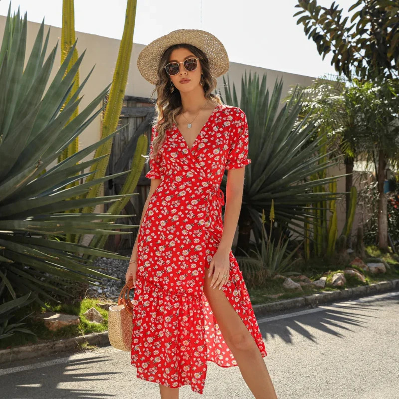 Womens Sexy V-neck Chiffon Print Dresses 250314