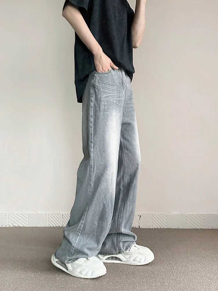 Mens Retro Grey Pocket Jeans Fashion Straight Harajuku Casual Y2k Pants High Street Wide Denim Trouser Mens Fashion BrandT250319