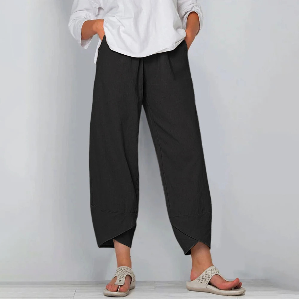 Women Cotton Linen Harem Pants Vintage Printed Wide Leg Trousers Casual Solid Pockets Harajuku High Waist Baggy Pants Joggers 250320