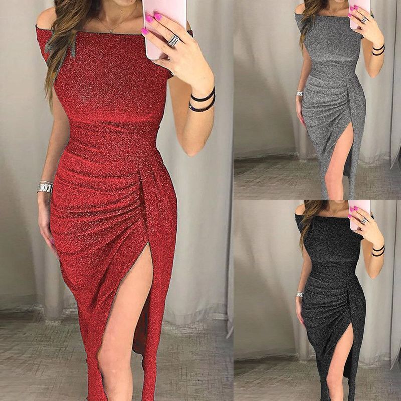 European And American Women's Hips Slit One E Neck Sparkg Evening Dress