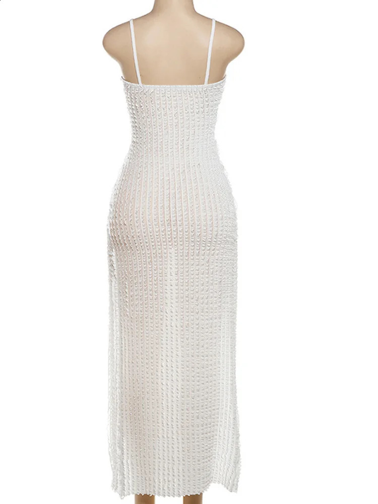 Beyprern Elegant Textured Cut Out Slit Cami Maxi Dress Vacation Outfits Summer Womens See Through M-Split Beach Cover-Ups Dress 250319