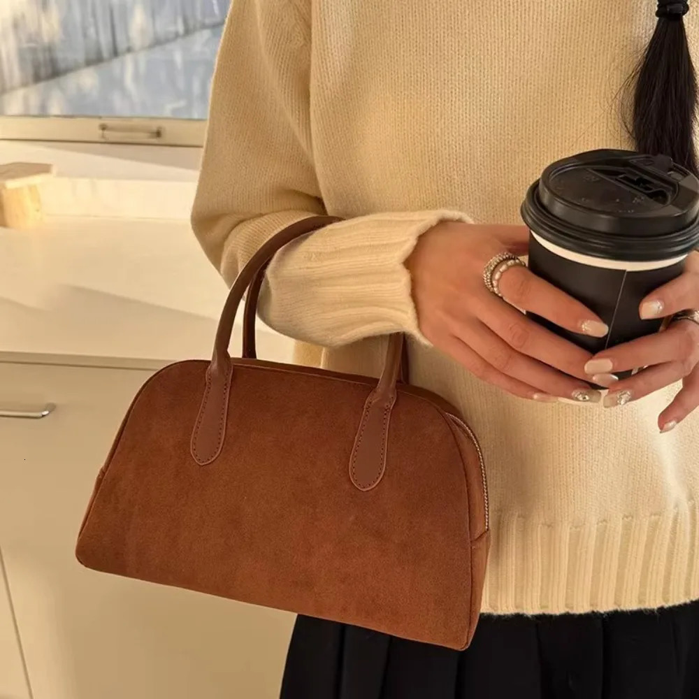 Brown suede Boston bag womens handbag Korean bowling bag premium pillow bag 250318