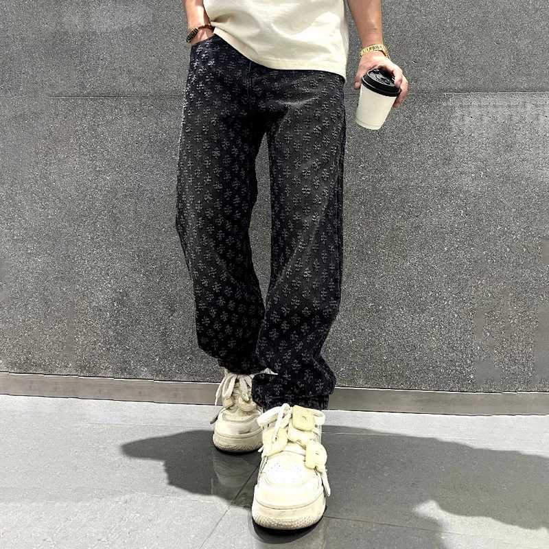 Jacquard pattern denim pants mens straight pocket bottom mens loose jeansT250319