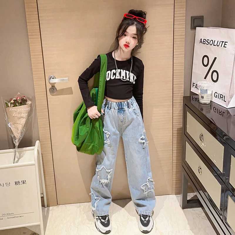 Spring and Autumn Teen Girls Cowboy Wide Leg Pants Children Trouser New Fashion Star Pattern Girls Jeans 5-14 Year Old Childrens ClothingT250326