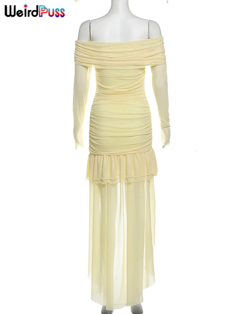 Weird Puss Elegant Sexy Dress Women Slash Neck Irregular Hem Side Tassel Birthday Party Full Sleeve Ruched Mini Bodycon 250320