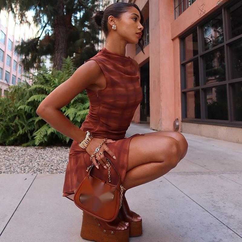 Fashion women's new style temperament mid waist pleated short skirt plaid printed dress 250315