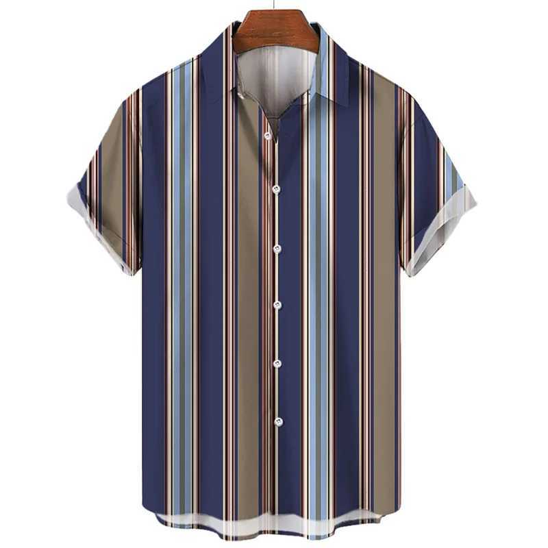 Mens Hawaiian summer shirt with striped print short sleeved shirt collar button up mens streetwear fashionable casual social top M250320
