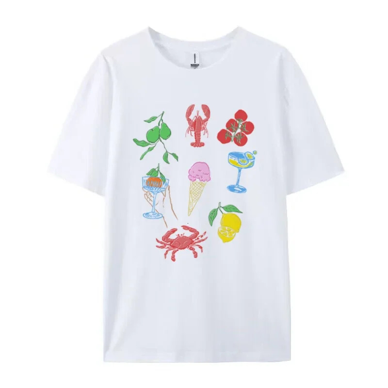 Women Retro Italian Food T-Shirt Cute Lobster Seafood T Shirt Cocktail Fruit Graphic Tee La Dolce Vita Shirt Summer Vacation Top 250320
