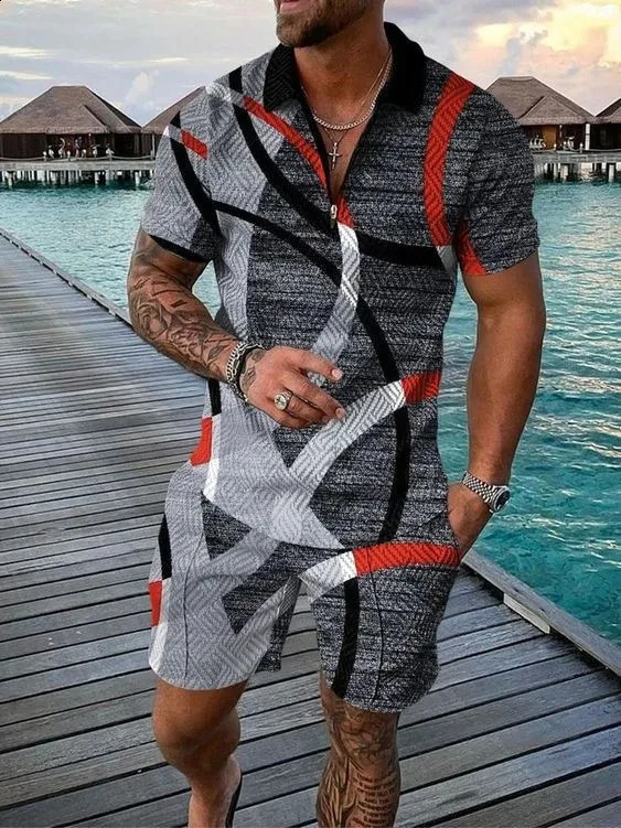 Abstract Pattern 3D Printed Polo Shirt 2-piece Zipper Collar Polo Set Zipper NecklaceShorts Hawaiian Holiday Style Mens Wear 250318