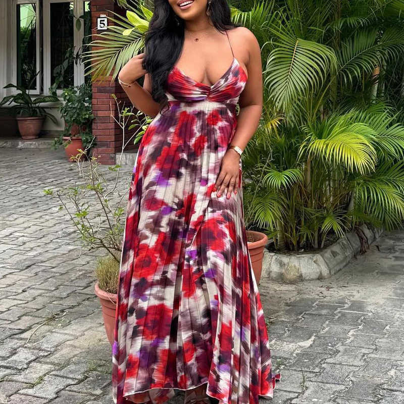 Printed pleated camisole long dress, plus size sexy dress for women 250315