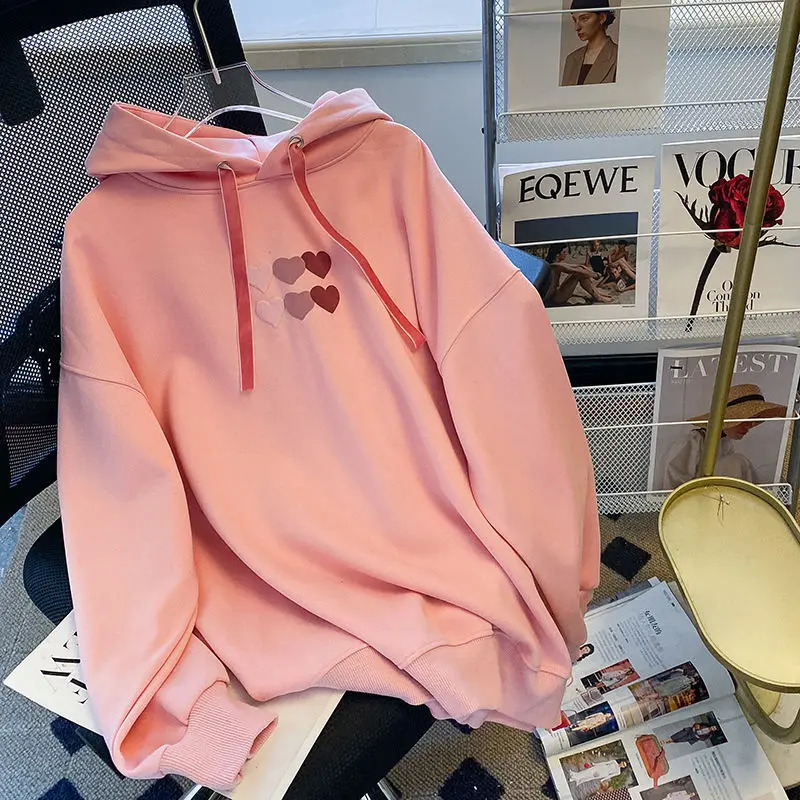 Autumn Winter Women Trendy Printed Fleece Hooded Sweatshirts Casual Streetwear Y2K Hoodies Sweet Long Sleeve Loose Pullover Tops 250317