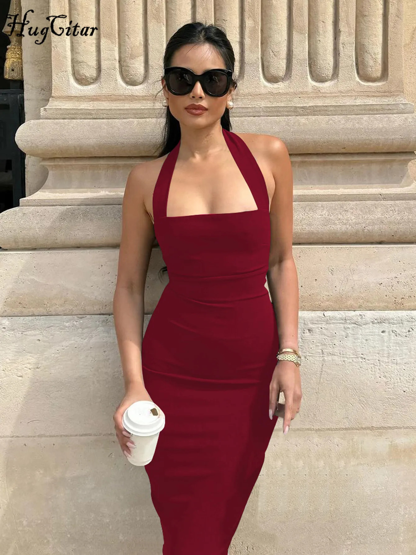 Hugcitar Elegant Halter Black Backless Sexy Bodycon Maxi Prom Dress Summer Women Y2K Clothes Wedding Birthday Party 250320