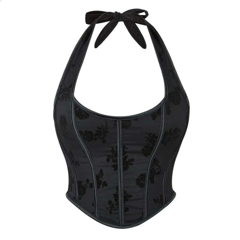 Womens Vintage Floral Overbust Corset Crop Tops Vest Strap Halter Lace Up Boned Bustiers Body Shaper Short Torso Sexy 250319
