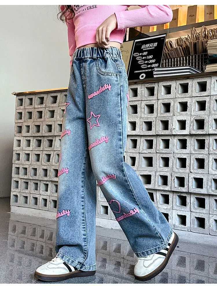 Girls Korean casual jeans childrens embroidered celebrity loose wide leg pants childrens pantsT250326