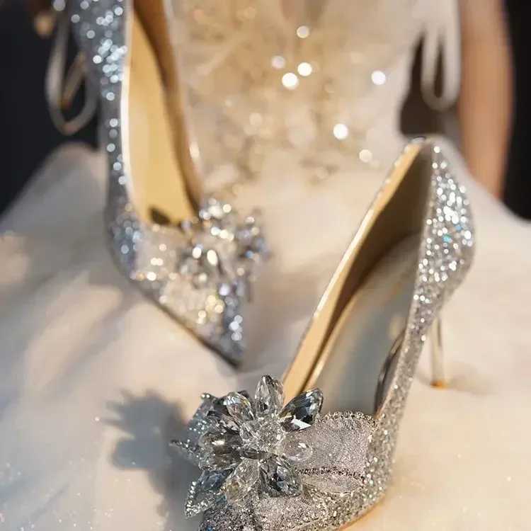 French crystal Sier High H Wens 2024 new bow solid shiny Wens shoes Wen Pointed Toe leisure pump Y250319