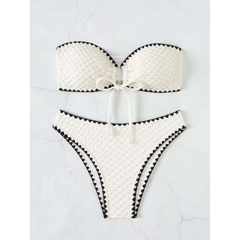 White Swimwear 2 Pieces Strapless Swimwear for Women Sexy Bandage Naked Back Bikini Lace Set Patchwork Swimwear 2025 New