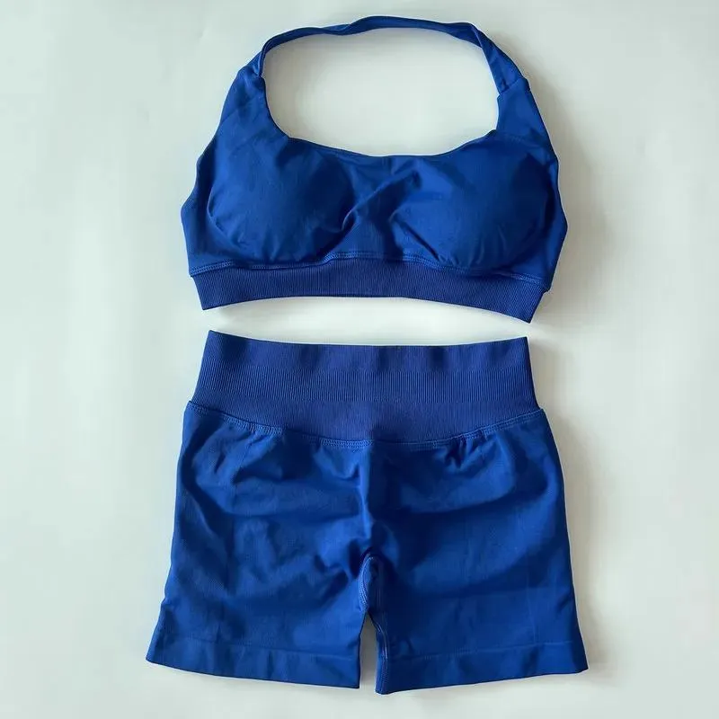 2pcs Impact Sports Set Seamless Yoga Sets Halter Bra High Waist Shorts Workout Sets Scrunch Shorts Summer Fitness Clothes Gym Suits Outfit Active Wear Hot Sell