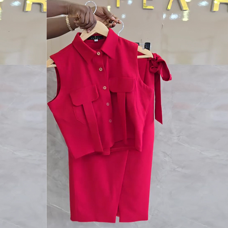 Women's Clothing 2025 New Sweet And Fresh Collared Sleeveless Shirt High Waist Slimming One Step Half Skirt Two-Piece Set