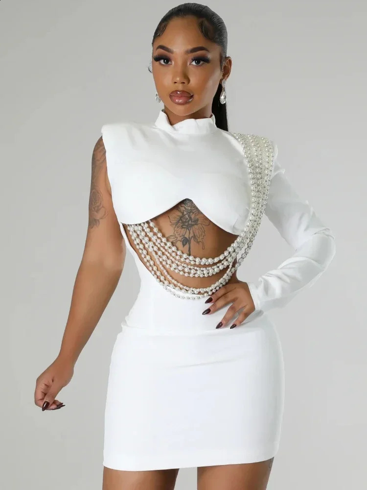 Laxsesu Women Full Sleeve Elegant O-neck Mini Dress Summer Pearl String Sexy Street Night Club Party Vestidos Dresses 250319