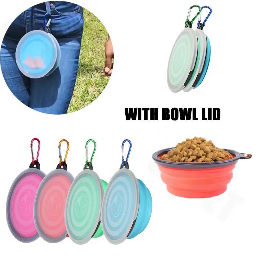 Foldable silicone dog food basin with bowl lips suitable for outdoor travel of pets portable with hooks used for pet supplies feeding bowl Y250319
