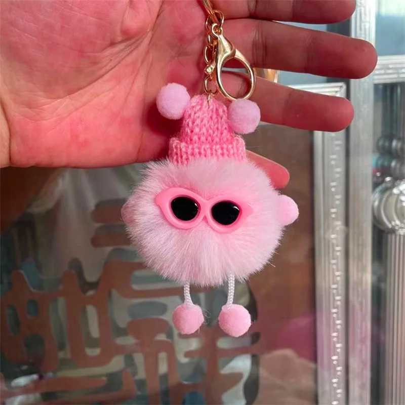 Plush small coal ball keychain cute black gray pink mink pendant creative bag car metal keychain girl boy lover lanyard giftXJ250319